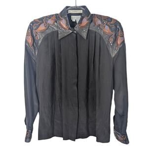 VTG Mercedes & Adrienne Black Silk Blouse Leather Stud Embellished Embroidered